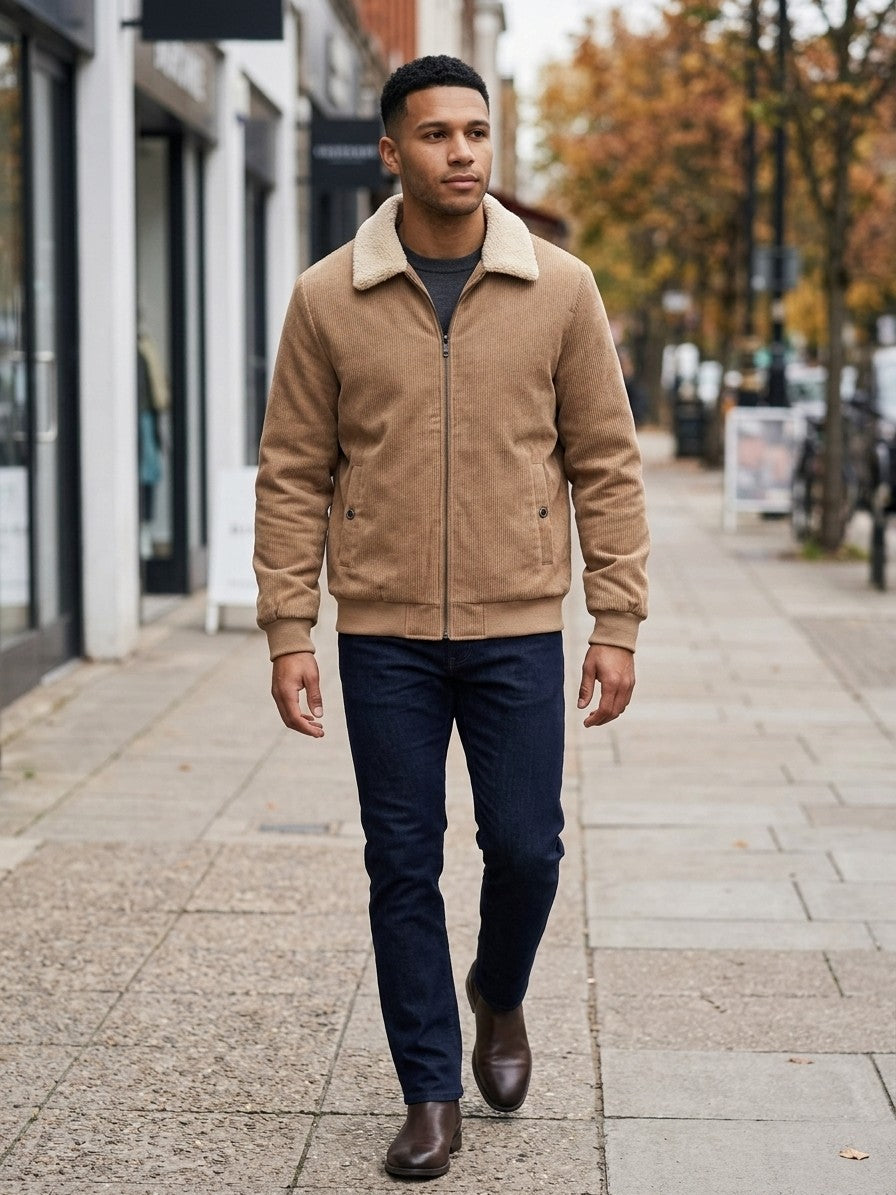 Fivizzano Men's Sherpa-Lined Ribbed Suede Jacket — camel — lifestyle