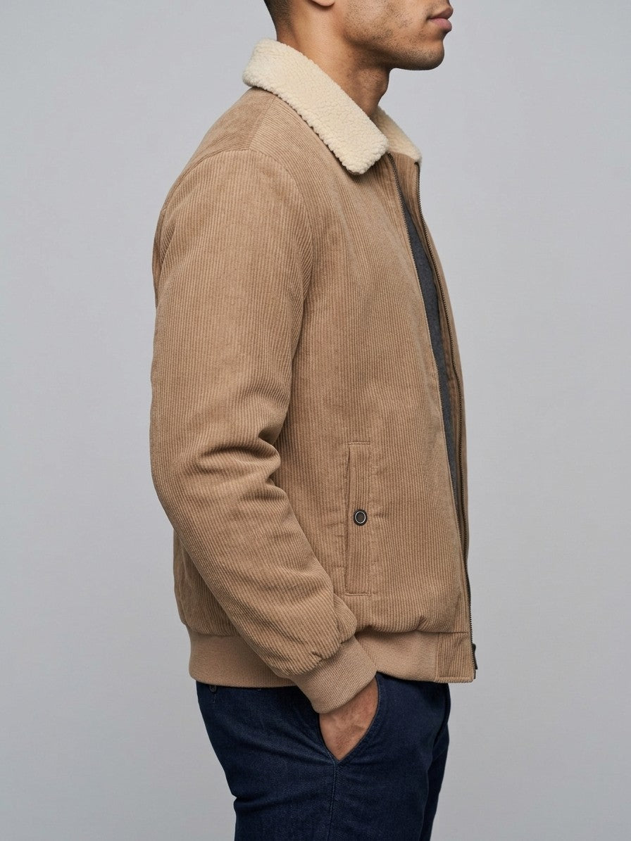 Fivizzano Men's Sherpa-Lined Ribbed Suede Jacket — camel — side