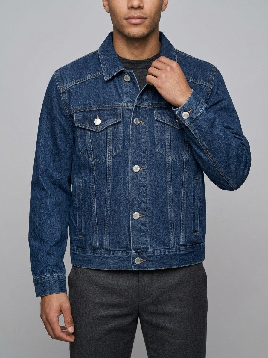 Foligno Men's Square-Shoulder Trucker Jacket — darkblue — front