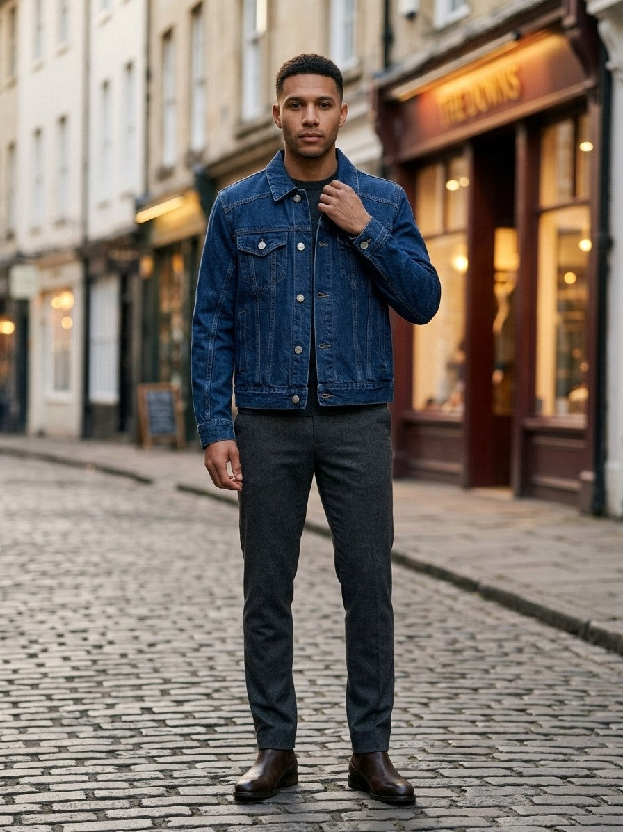 Foligno Men's Square-Shoulder Trucker Jacket — darkblue — lifestyle