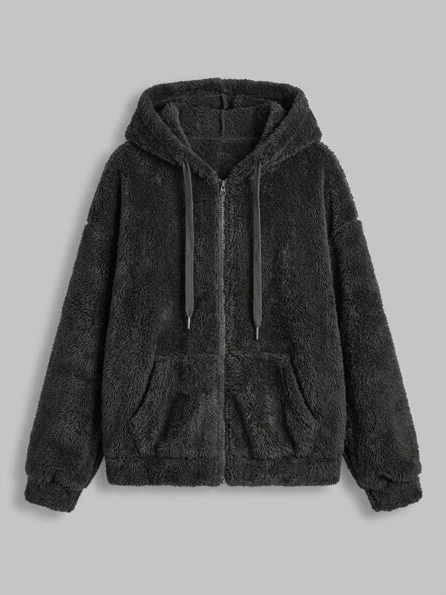 Fondi Women's Fuzzy Hooded Zip Jacket — black — packshot