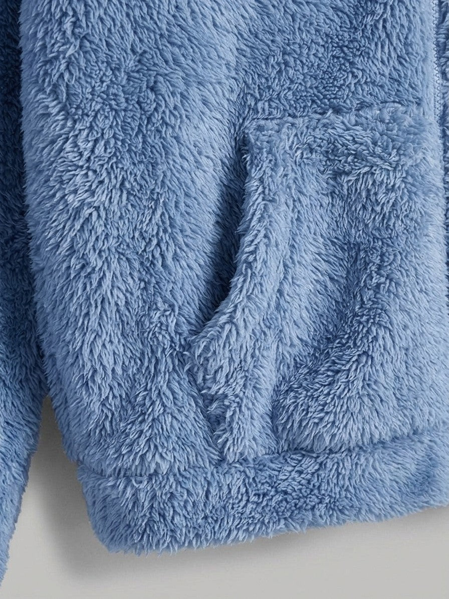 Fondi Women's Fuzzy Hooded Zip Jacket — skyblue — detail-collar