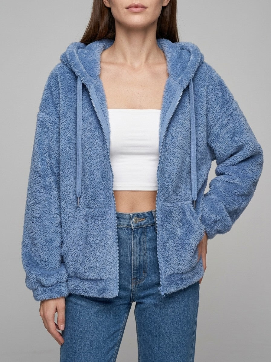 Fondi Women's Fuzzy Hooded Zip Jacket — skyblue — front