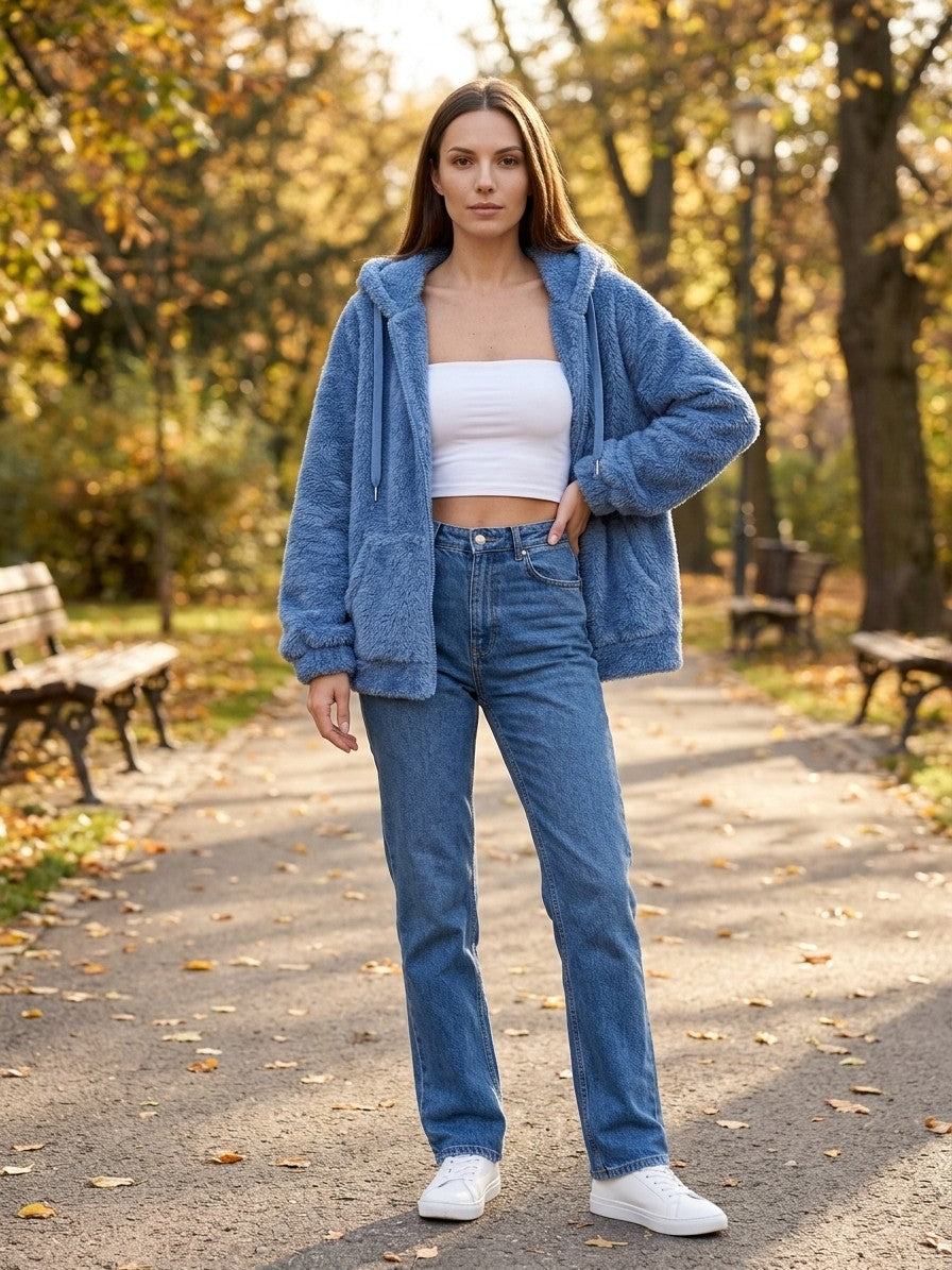 Fondi Women's Fuzzy Hooded Zip Jacket — skyblue — lifestyle