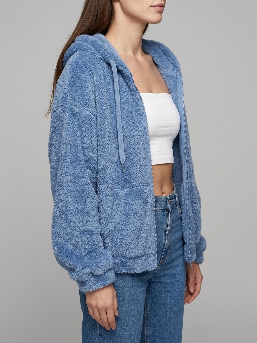 Fondi Women's Fuzzy Hooded Zip Jacket — skyblue — side
