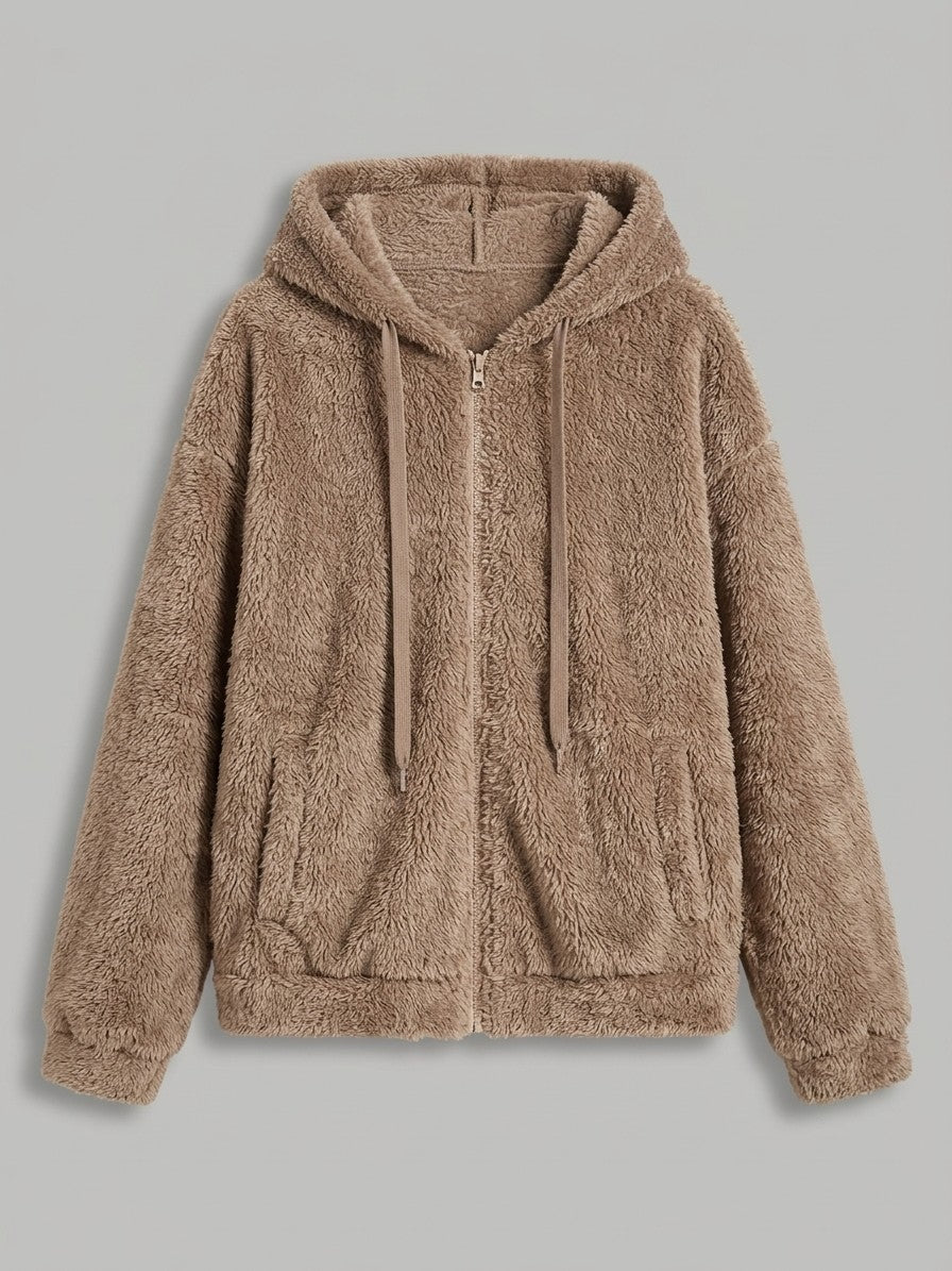 Fondi Women's Fuzzy Hooded Zip Jacket — taupe — packshot