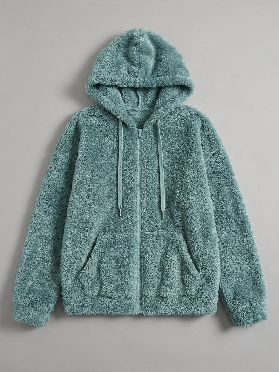 Fondi Women's Fuzzy Hooded Zip Jacket — turquoise — packshot
