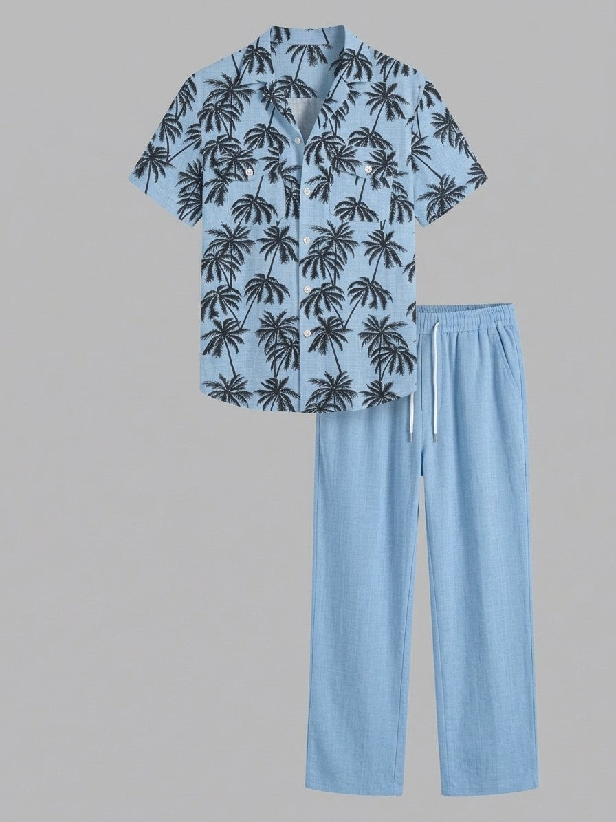 Forli Men's Palm Print Shirt and Trousers Set — Pastel  Blue — set