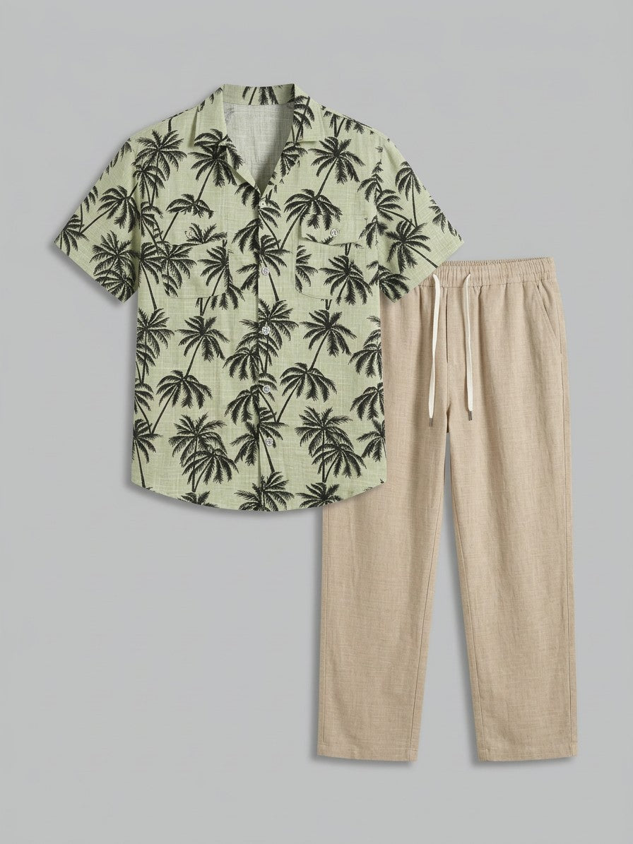 Forli Men's Palm Print Shirt and Trousers Set — Sage — set