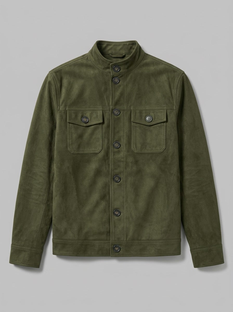 Fornovo Men's Stand-Collar Faux Suede Shirt Jacket — armygreen — packshot