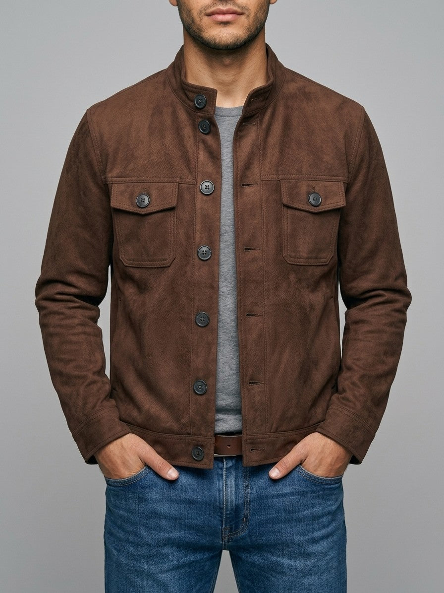 Fornovo Men's Stand-Collar Faux Suede Shirt Jacket — chocolatebrown — front