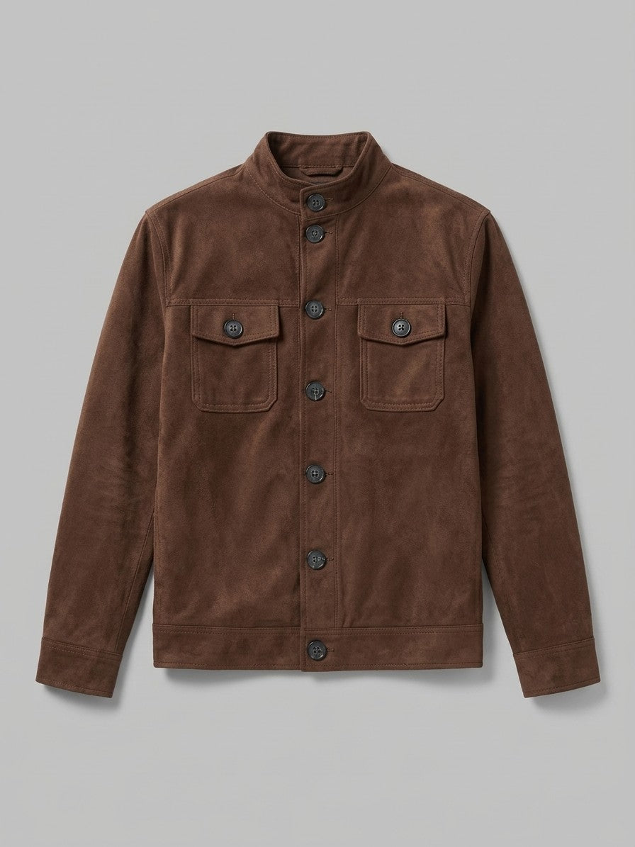 Fornovo Men's Stand-Collar Faux Suede Shirt Jacket — chocolatebrown — packshot