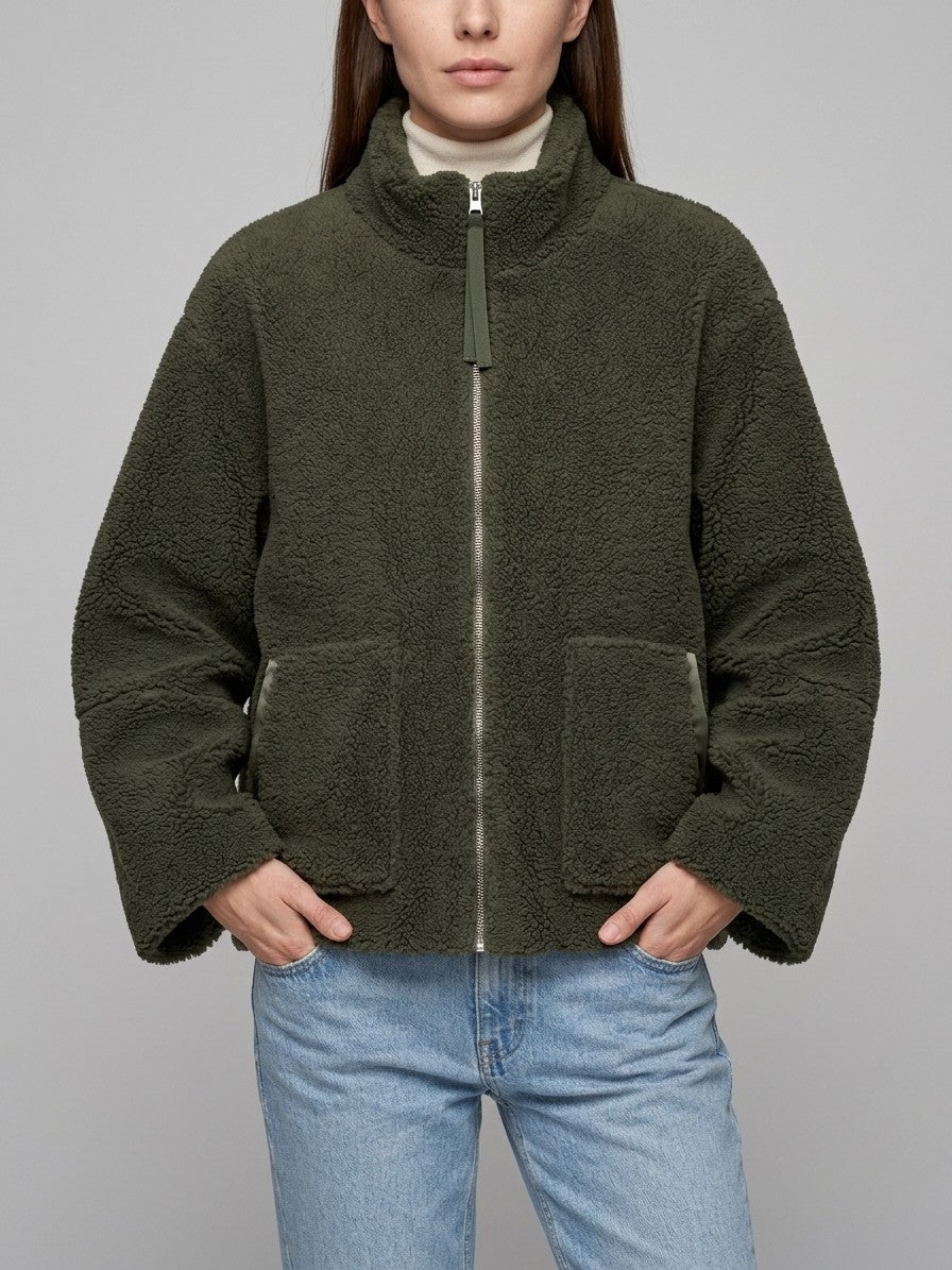 Fossombrone Women's Stand Collar Sherpa Jacket — darkgreen — front