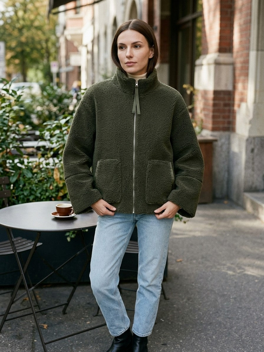 Fossombrone Women's Stand Collar Sherpa Jacket — darkgreen — lifestyle