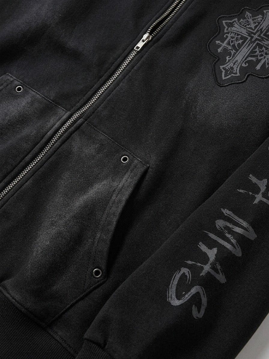 Frascati Men's Spray-Shaded Gothic Patch Zip-Up Hoodie — black — detail-collar