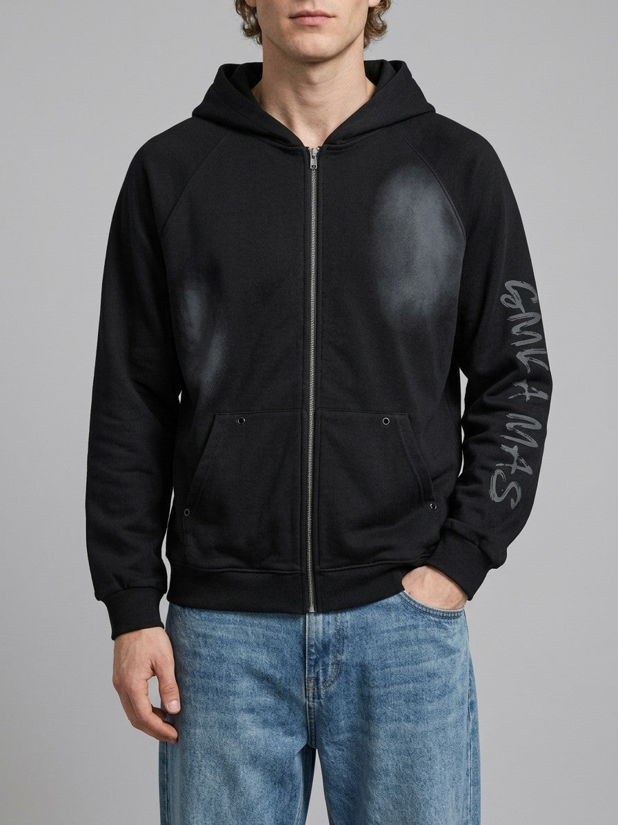 Frascati Men's Spray-Shaded Gothic Patch Zip-Up Hoodie — black — front