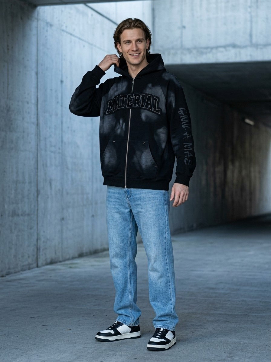 Frascati Men's Spray-Shaded Gothic Patch Zip-Up Hoodie — black — lifestyle