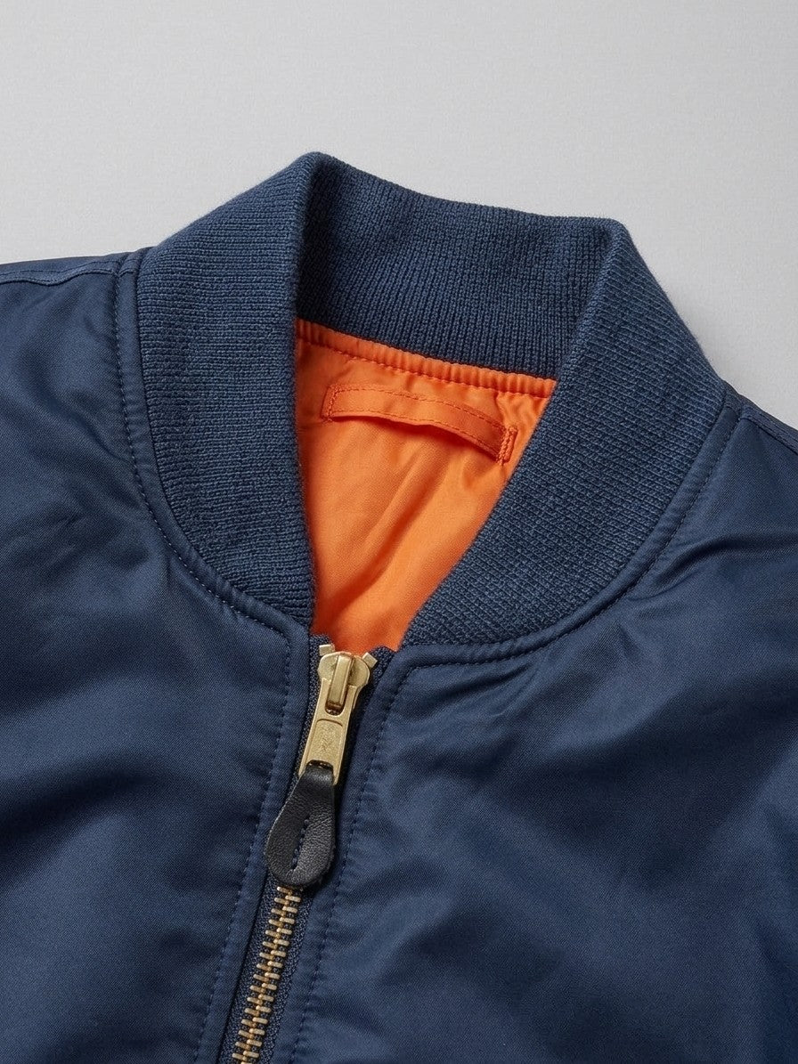 Frosinone Men's Brass-Zip MA-1 Bomber Jacket — navy — detail