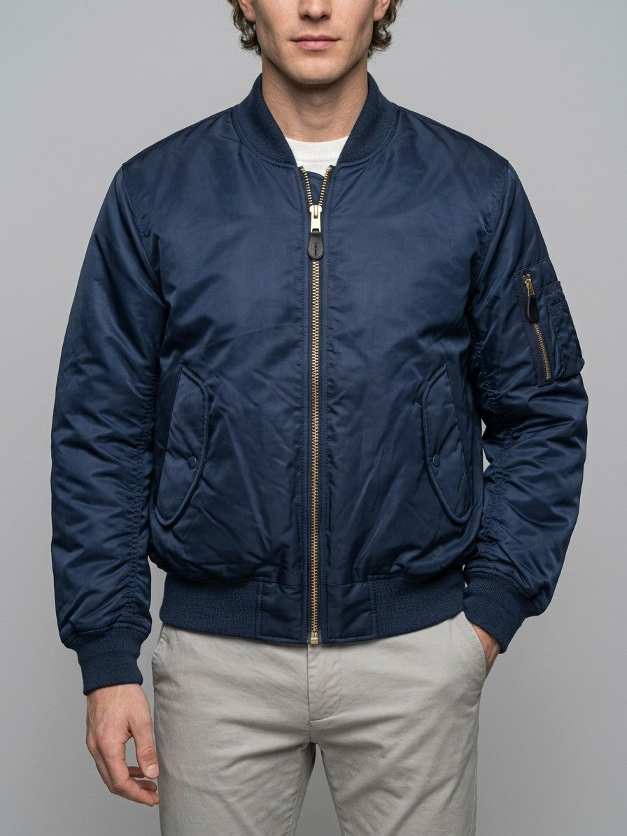 Frosinone Men's Brass-Zip MA-1 Bomber Jacket — navy — front
