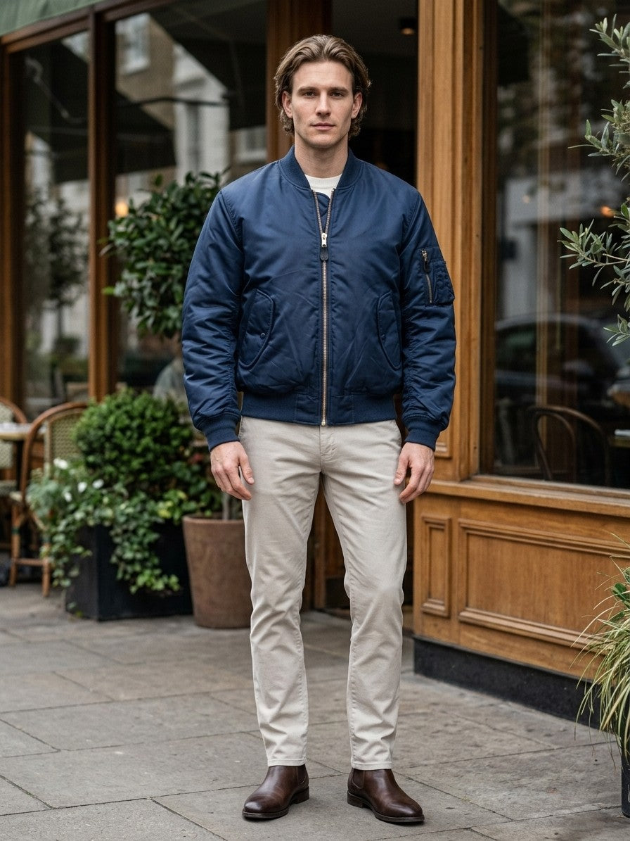 Frosinone Men's Brass-Zip MA-1 Bomber Jacket — navy — lifestyle