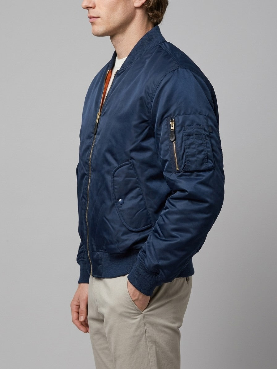 Frosinone Men's Brass-Zip MA-1 Bomber Jacket — navy — side