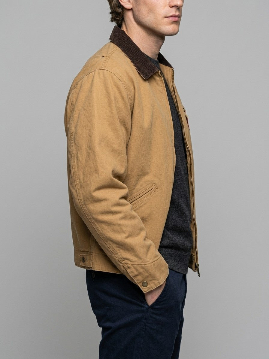 Frosolone Men's Corduroy-Collar Work Jacket — tan — side