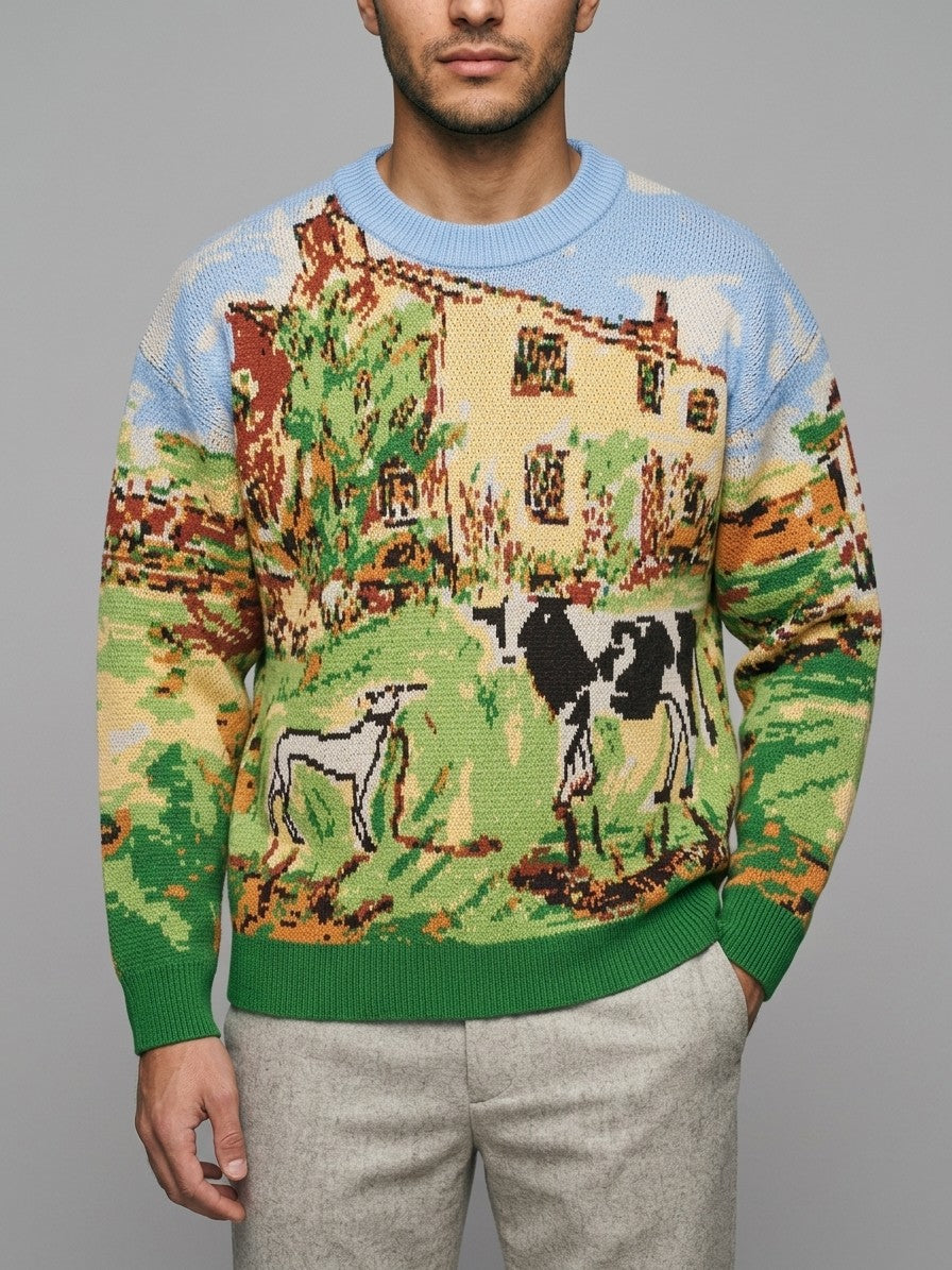 Gaiole Men's Countryside Tapestry Knit Sweater — meadowgreen — front