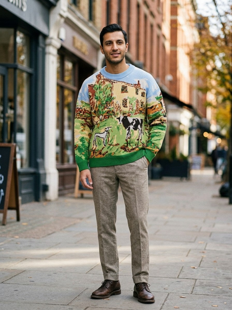 Gaiole Men's Countryside Tapestry Knit Sweater — meadowgreen — lifestyle
