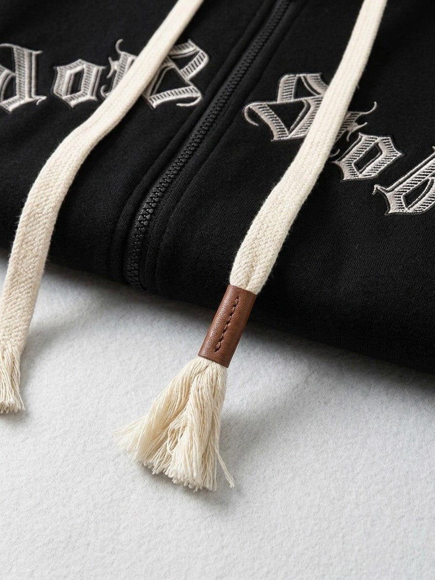 Galatina Men's Gothic Embroidered Fleece Zip-Up Hoodie — black — detail-2