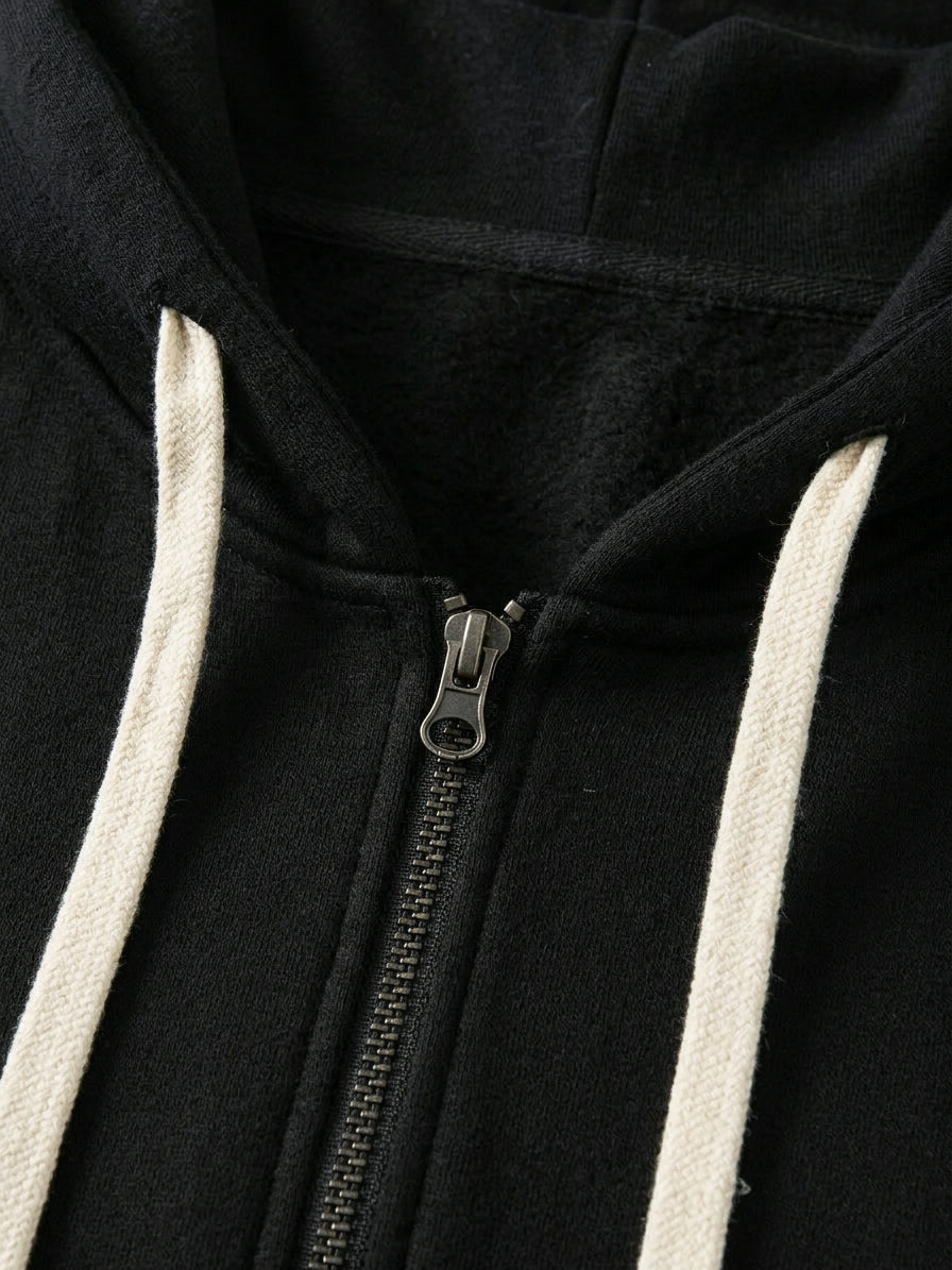 Galatina Men's Gothic Embroidered Fleece Zip-Up Hoodie — black — detail-collar