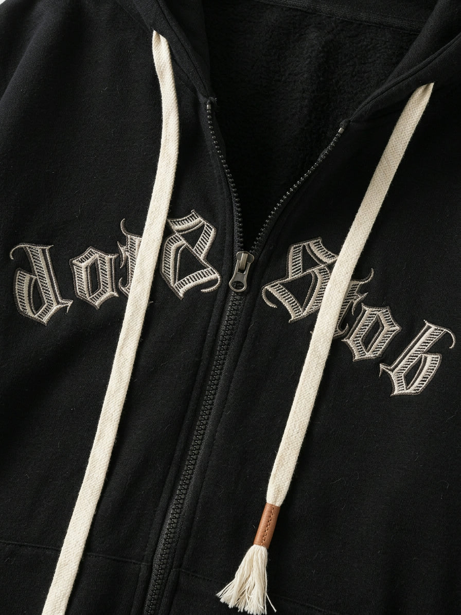 Galatina Men's Gothic Embroidered Fleece Zip-Up Hoodie — black — detail