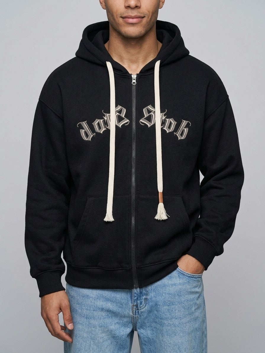 Galatina Men's Gothic Embroidered Fleece Zip-Up Hoodie — black — front