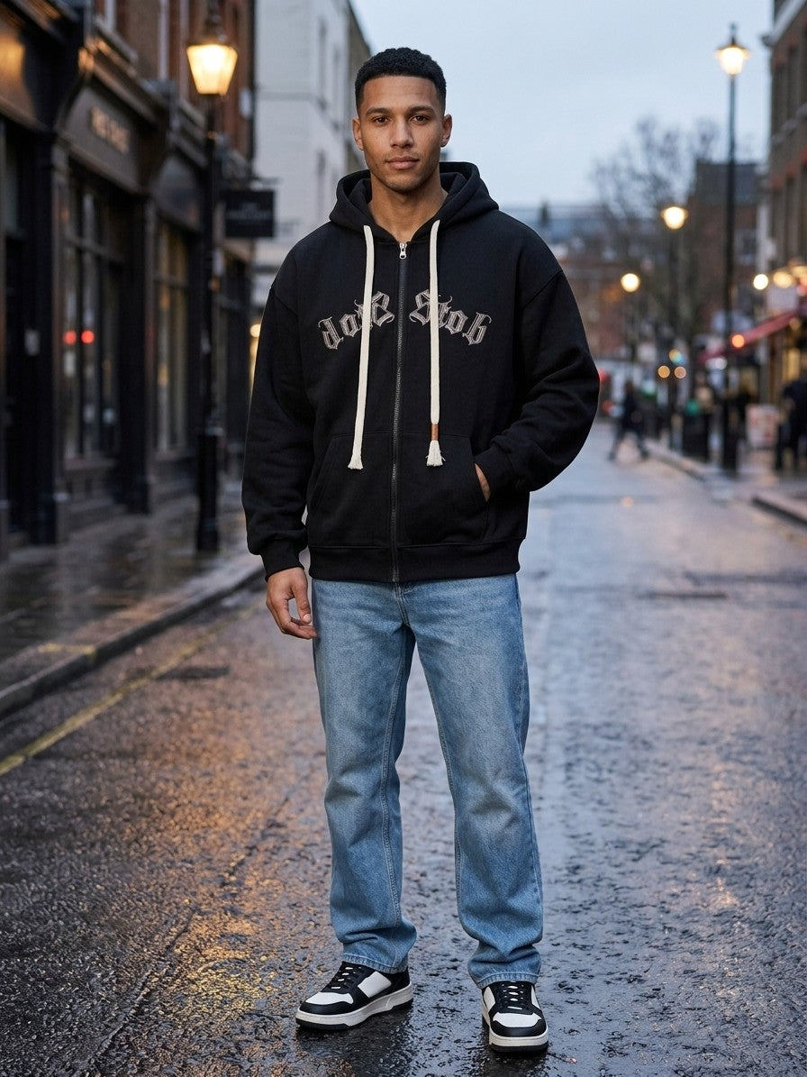 Galatina Men's Gothic Embroidered Fleece Zip-Up Hoodie — black — lifestyle