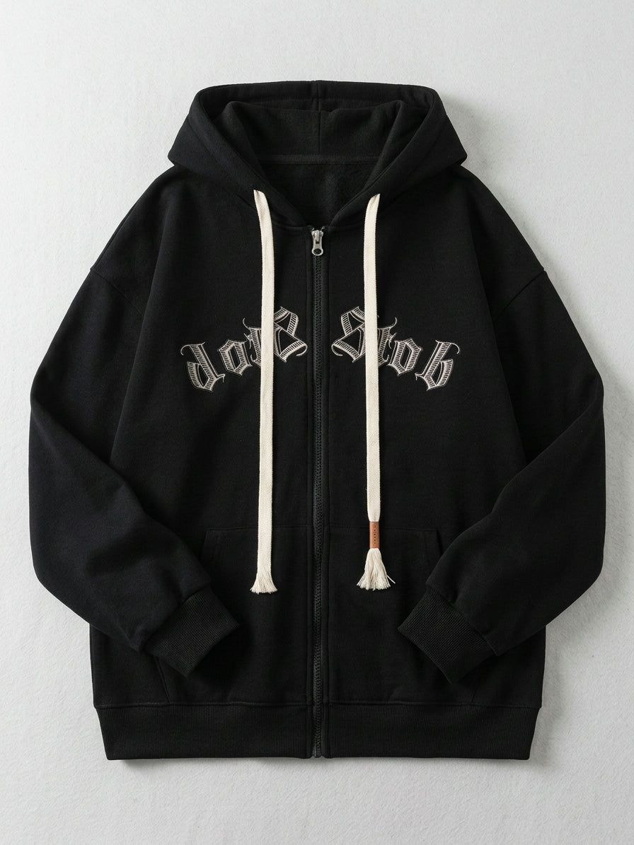 Galatina Men's Gothic Embroidered Fleece Zip-Up Hoodie — black — packshot