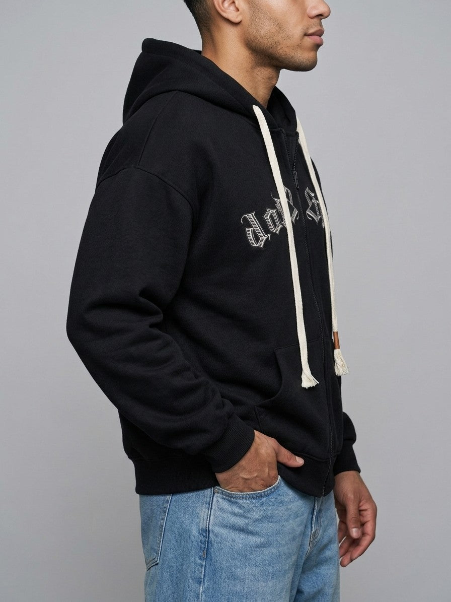 Galatina Men's Gothic Embroidered Fleece Zip-Up Hoodie — black — side