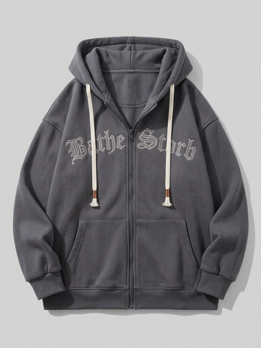 Galatina Men's Gothic Embroidered Fleece Zip-Up Hoodie — gray — packshot
