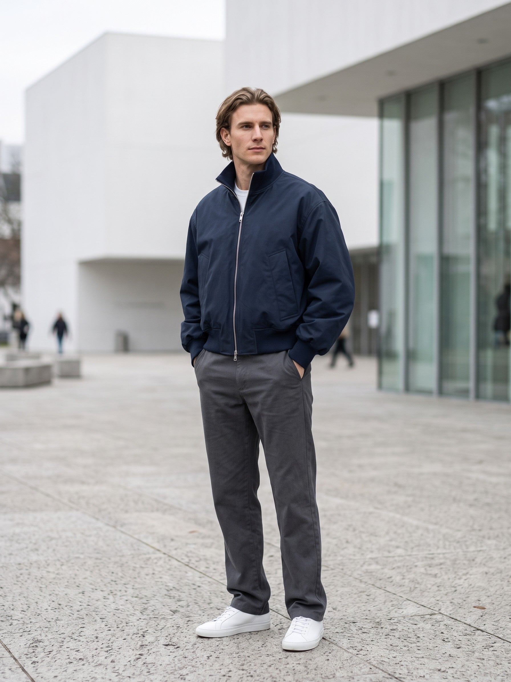 Galbiate Men's Oversized Cropped Stand-Collar Bomber Jacket — navy — lifestyle