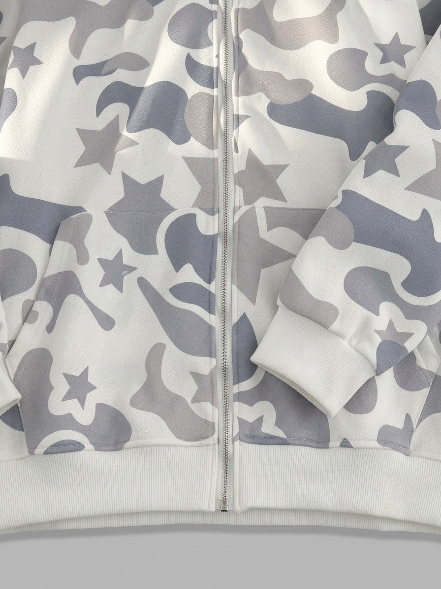 Gallarate Men's Snow Camo Star Full-Zip Hoodie — offwhite — detail-collar