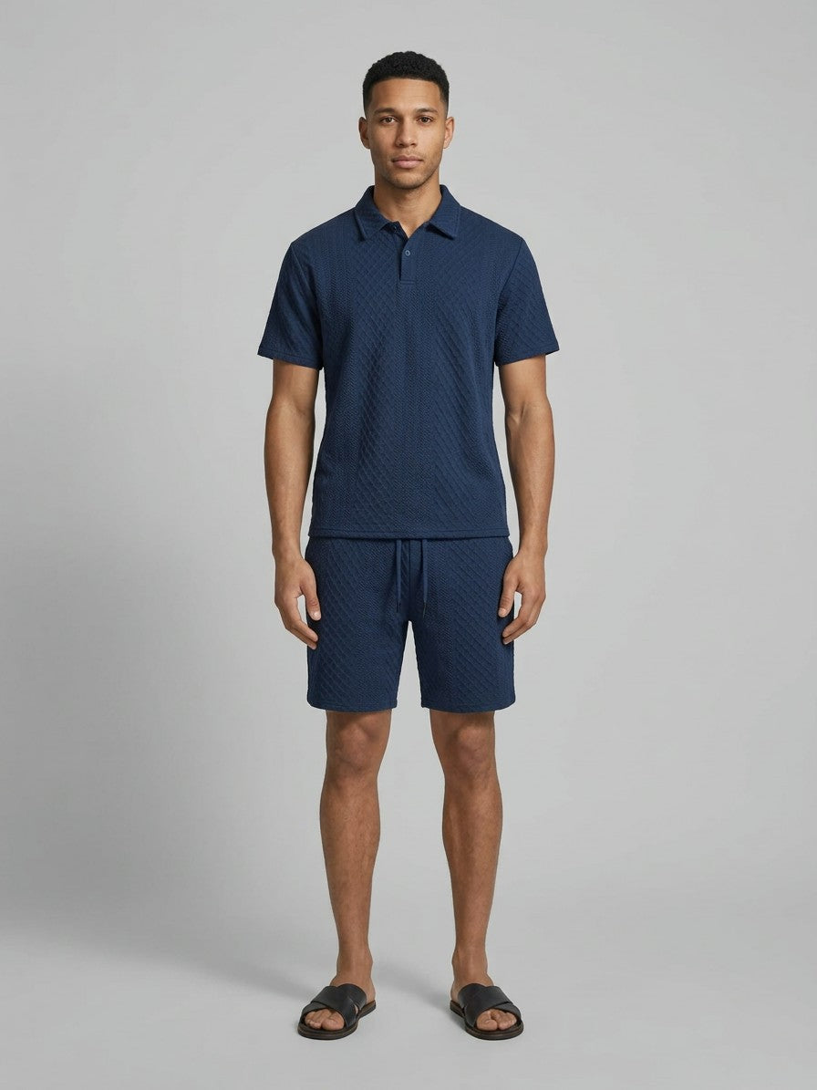 Gallipoli Men's Textured Knit Polo and Shorts Set — navyblue — fullfront
