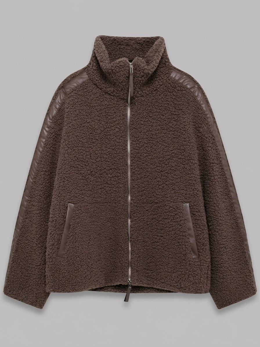 Gardone Women's Funnel Neck Sherpa Jacket — coffeeribbed — packshot