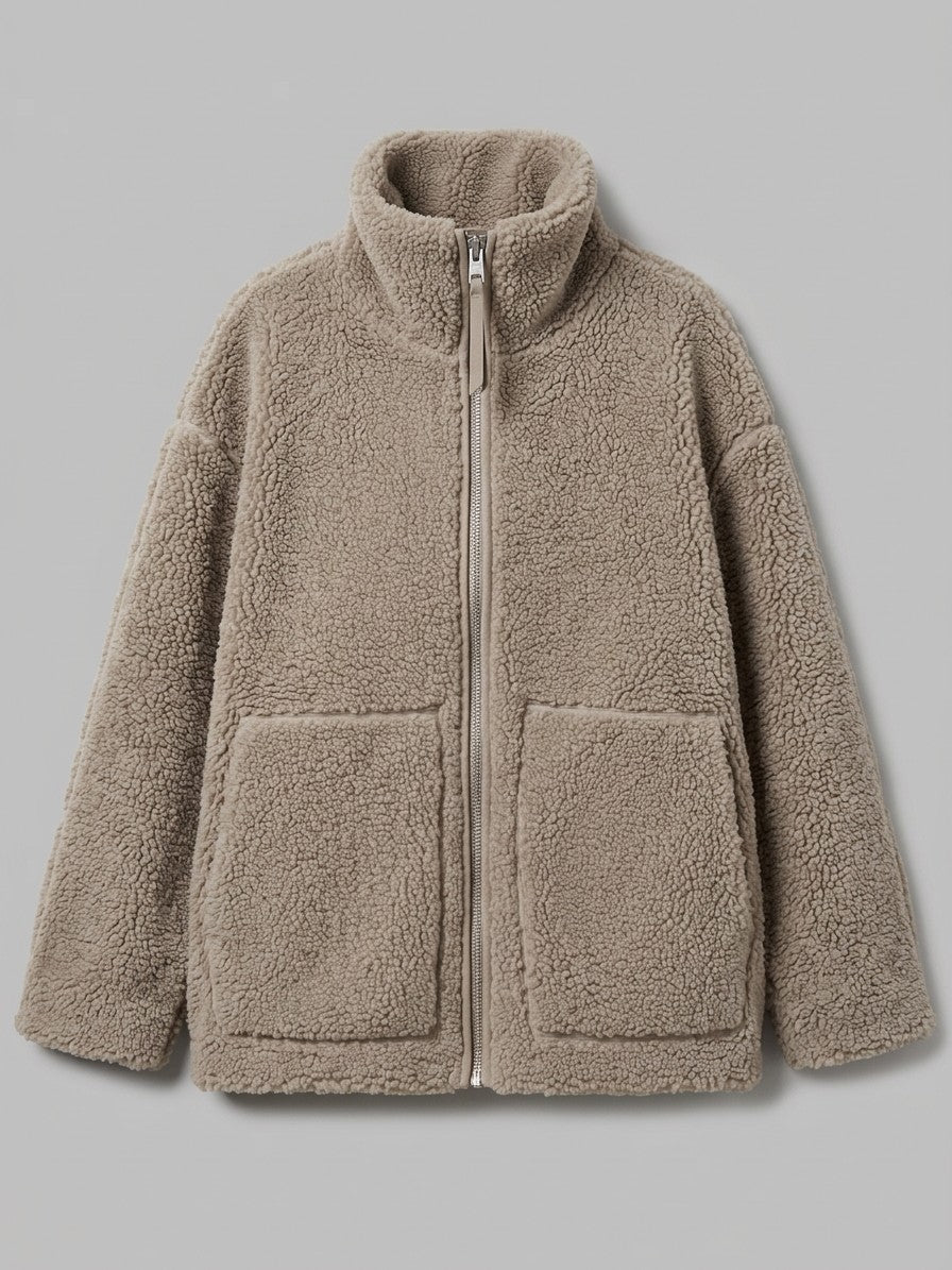 Gardone Women's Funnel Neck Sherpa Jacket — khaki — packshot