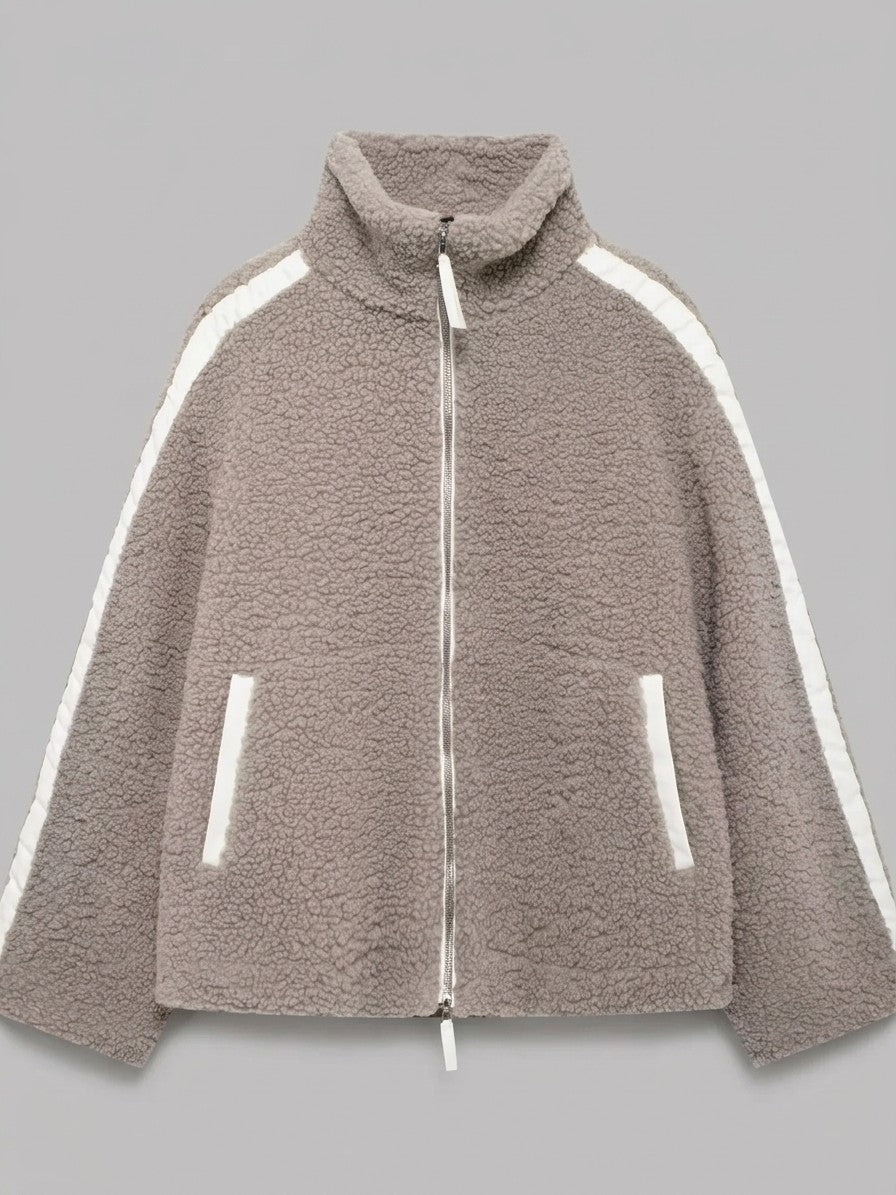 Gardone Women's Funnel Neck Sherpa Jacket — khakiribbed — packshot