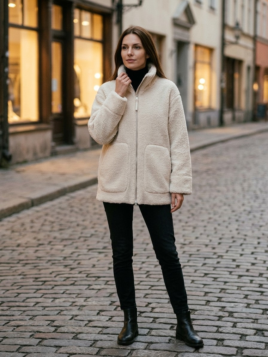 Gardone Women's Funnel Neck Sherpa Jacket — offwhite — lifestyle