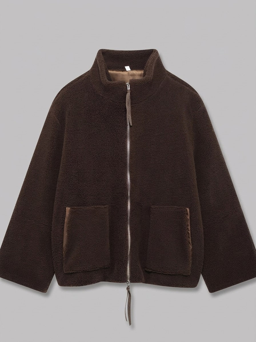Gardone Women's Funnel Neck Sherpa Jacket — reddishbrown — packshot