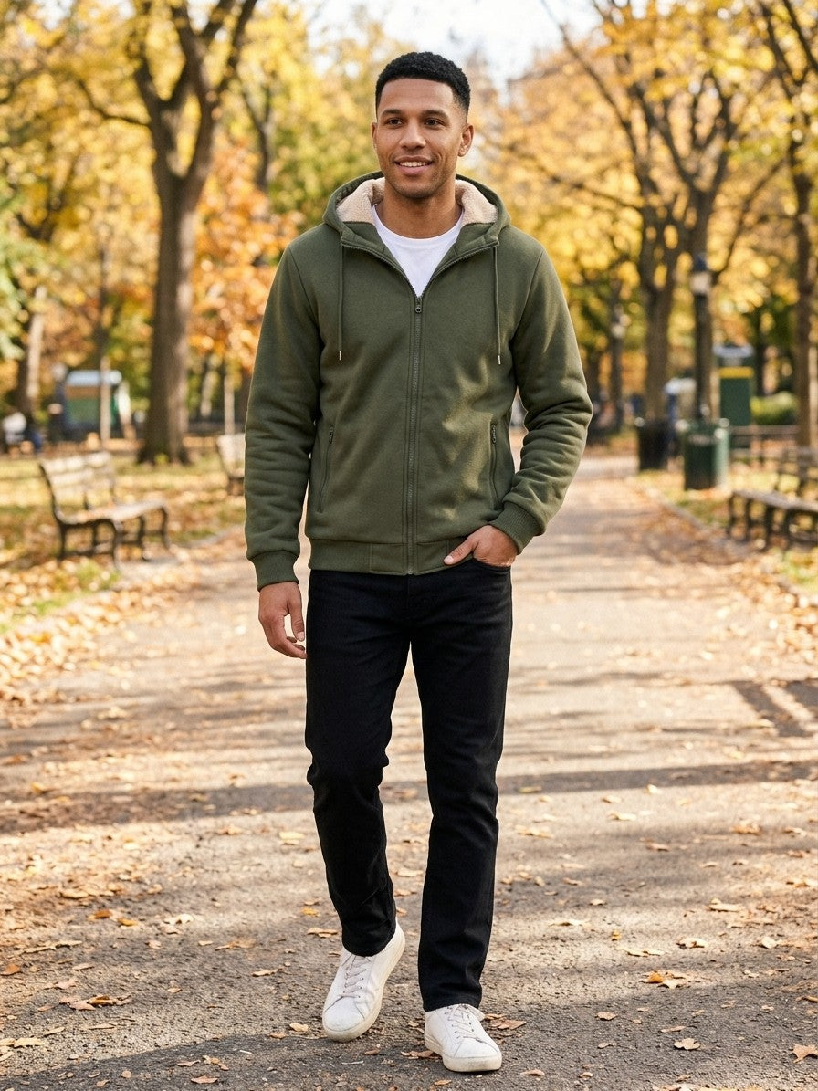 Garlasco Men's Sherpa-Lined Hooded Fleece Jacket — armygreen — lifestyle