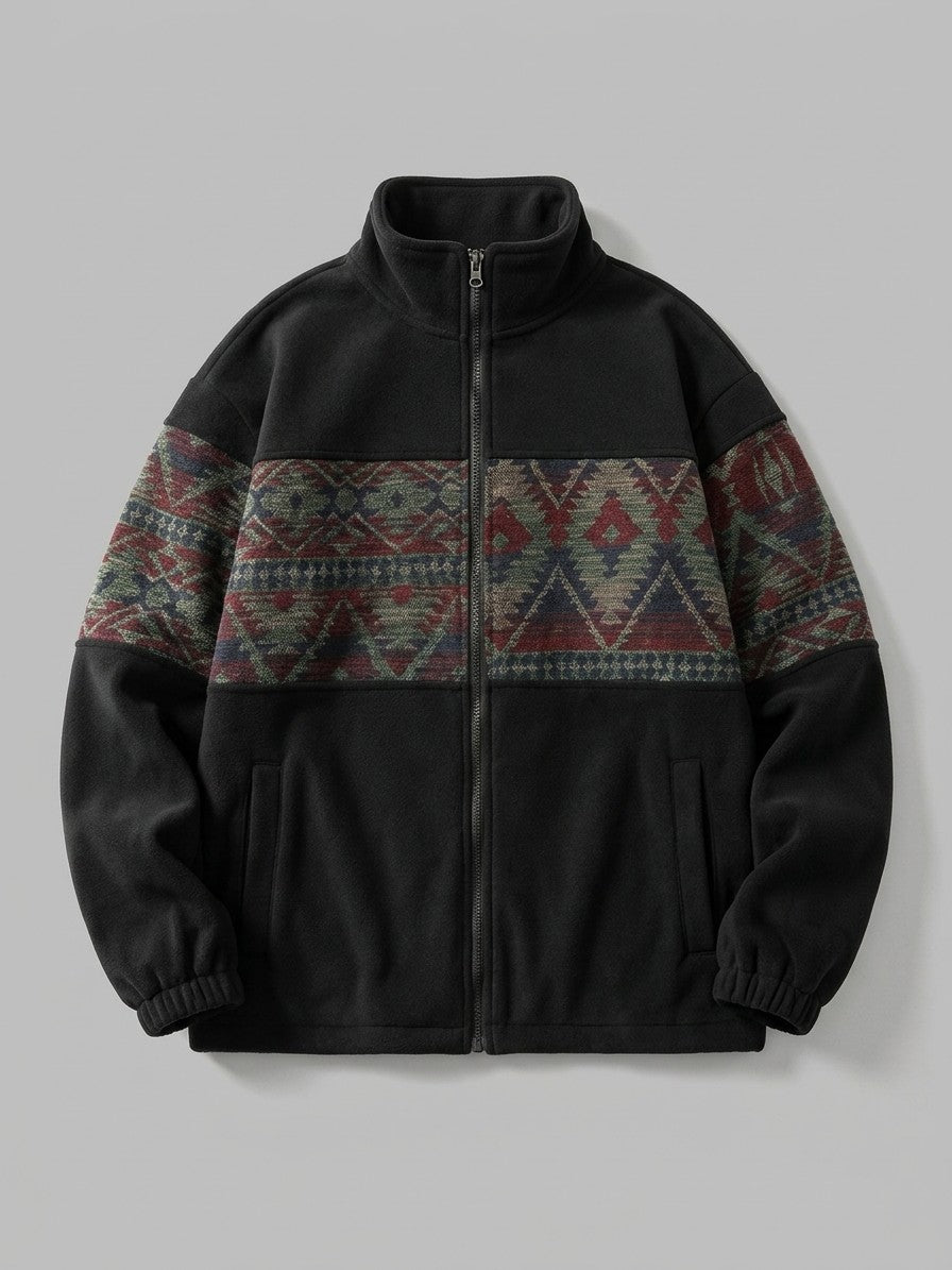 Gattinara Men's Aztec Jacquard Fleece Zip Jacket — black — packshot