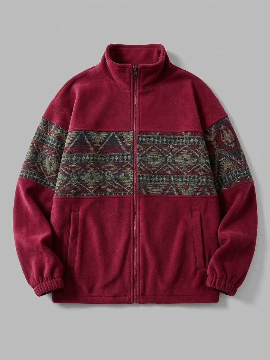 Gattinara Men's Aztec Jacquard Fleece Zip Jacket — burgundy — packshot