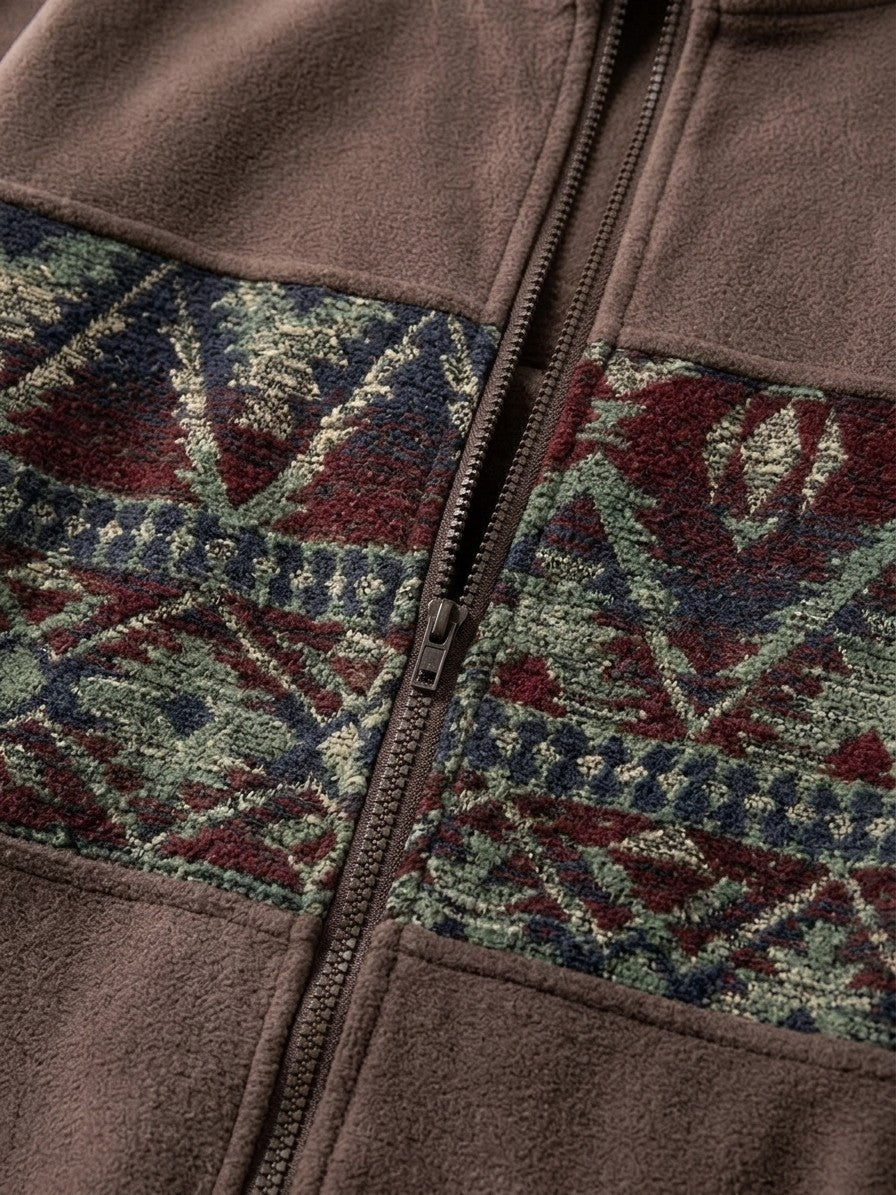 Gattinara Men's Aztec Jacquard Fleece Zip Jacket — coffeebrown — detail