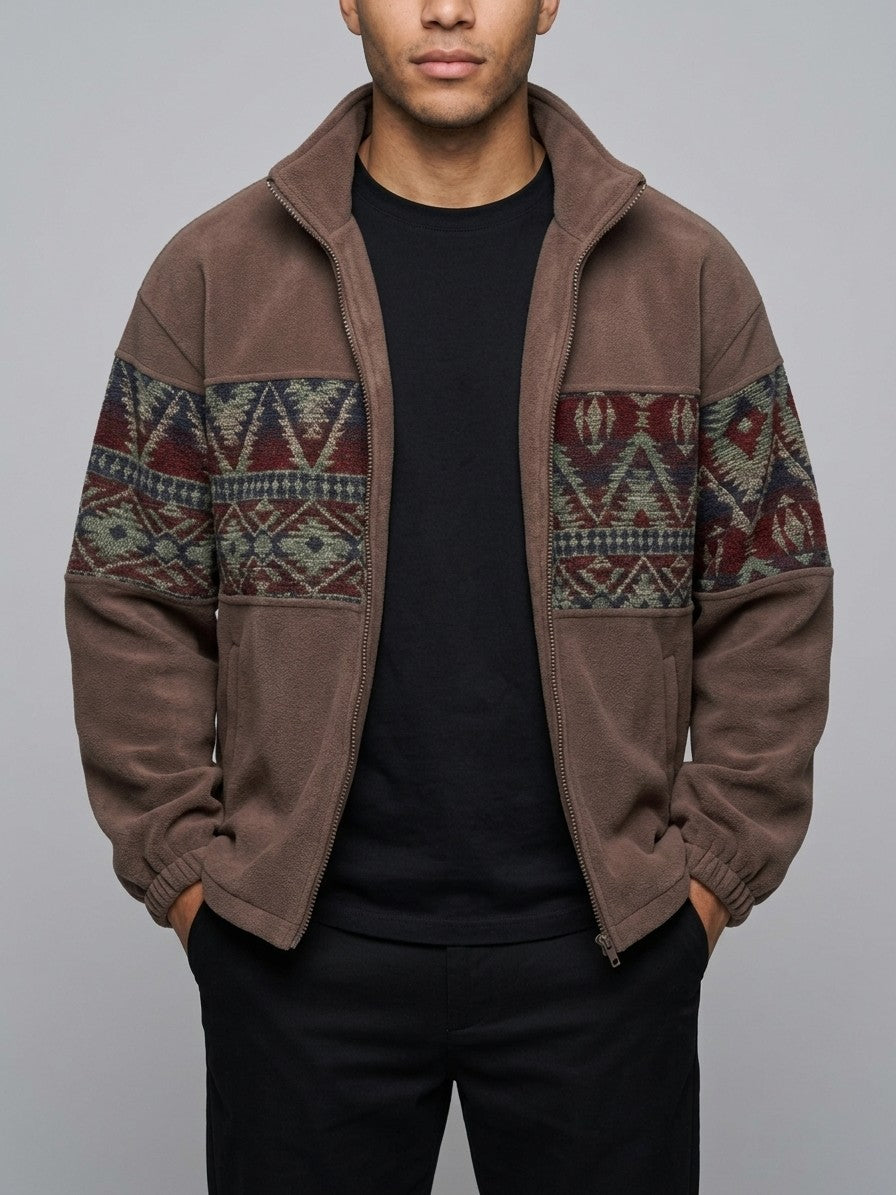 Gattinara Men's Aztec Jacquard Fleece Zip Jacket — coffeebrown — front