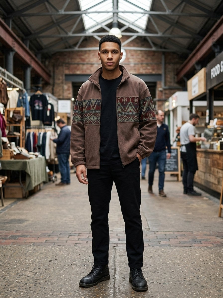 Gattinara Men's Aztec Jacquard Fleece Zip Jacket — coffeebrown — lifestyle